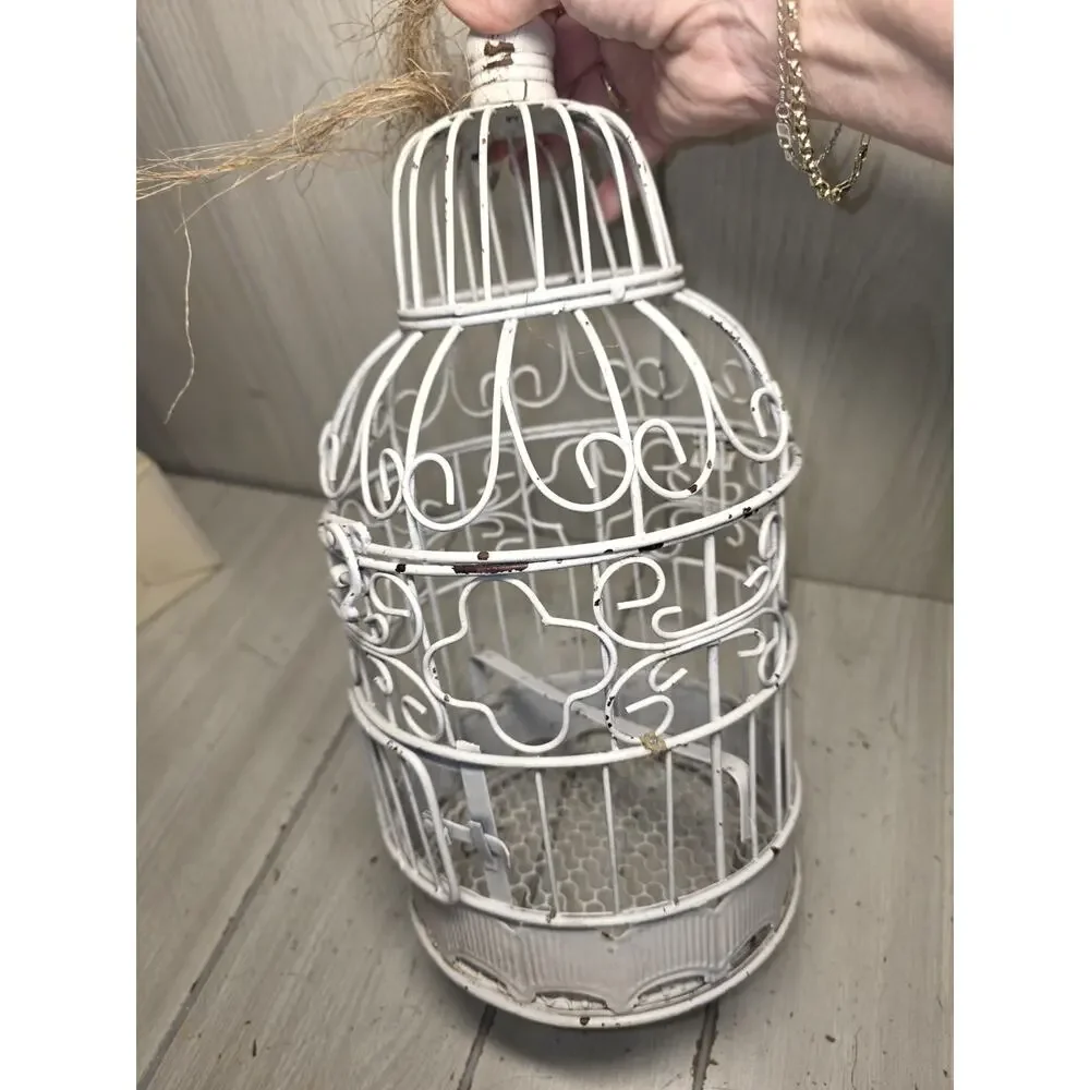 Vtg Hanging White Metal Decorative Bird Cage 15.5